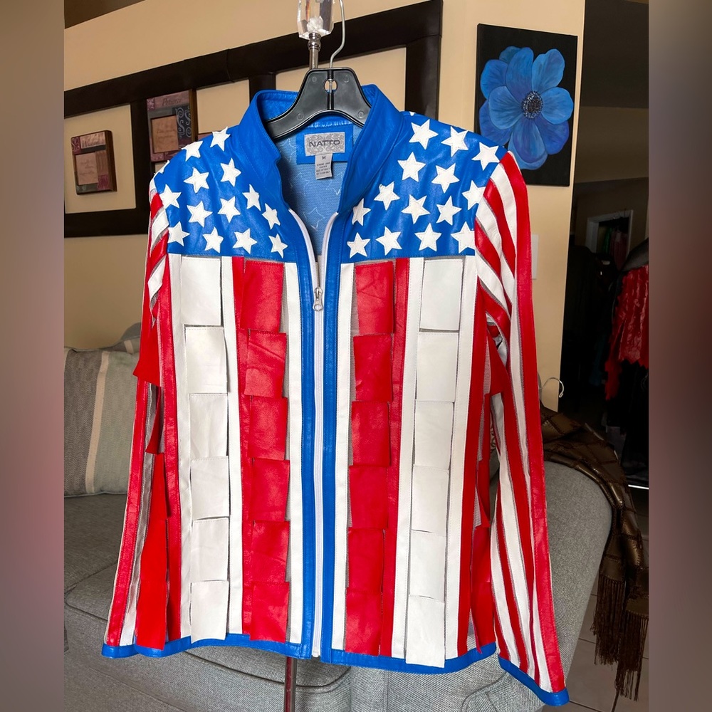 Tulle and lambskin US Flag ladies Jacket size Med, new,definitely fun and chic.